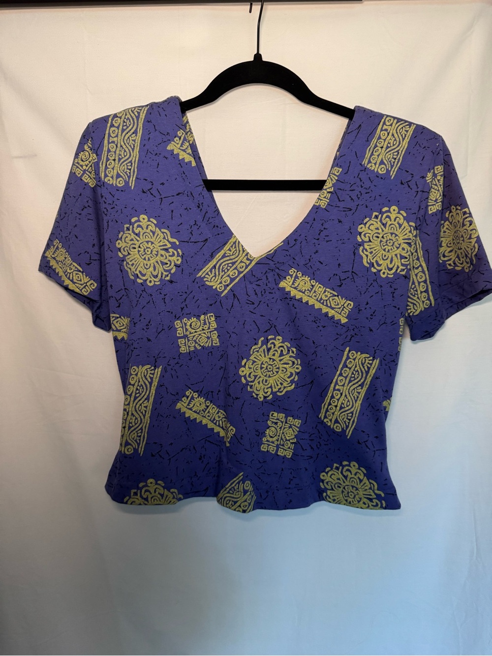 VTG 90s IN2 Crop Top S Purple Lime Green Batik Mandala Cotton V-Neck Made in USA